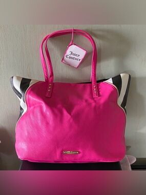 NWT Juicy Couture Bright Pink Tote with Black & White Accents